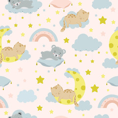 Seamless children pattern with cat, bear, clouds, moon and stars. Creative kids texture for fabric, wrapping, textile, wallpaper, apparel