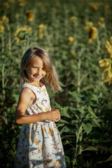 Fototapeta premium girl 6-7 years old in the summer on the field with sunflowers.
