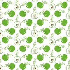 Seamless pattern with green apples. Stylized fruits. Vector illustration isolated on white background. Print for use in textiles, covers and prints, baby products, packaging, menus and flyers, shops.