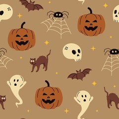Halloween seamless trendy pattern background. Vector illustration for fabric and gift wrap paper design.