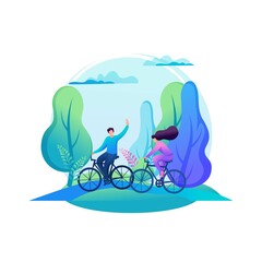 Vivid illustration. Friends ride bicycles in the forest, summer entertainment, cycling in the park. 2D Characters