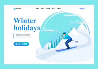 Man goes skiing in the mountains, has a great winter vacation. Christmas holidays. 2D characters. Landing Page Concept