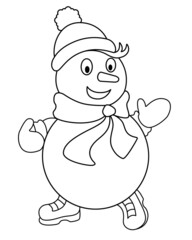 Snowman In Hat, Scarf and Mittens - vector linear winter picture for coloring. Outline. Snowman in boots waves his hand. Funny children's picture for coloring book