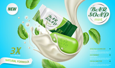 Vector realistic soap bar with mint in splash ad