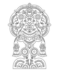 Fantastic forest with birds. Vector coloring book for children and adults. Zen and Doodle.	