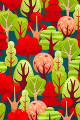 Vector Illustration In Cartoon Style. Forest Pattern On Dark Blue Background. Different Trees With Green, Red And Pink Leaves Mass And Brown Trunks