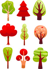 Vector Illustration. Cartoon Style Set Of Trees With Gradient. Stylized Colorful Forest Kit On White Background. Autumn Concept. Trees With Green, Red And Pink Leaves