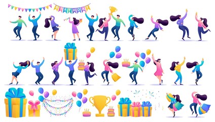 Large set of birthday. Happy people characters in a flat cartoon style celebrate a birthday. Set with garlands, gift boxes, cakes, balloons and dancing people