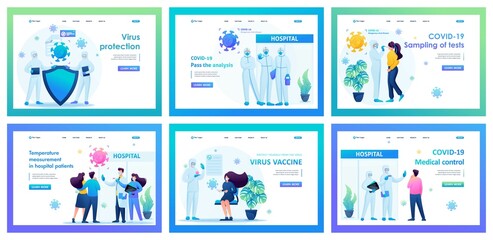 Obraz na płótnie Canvas Collection of landing pages about medicine. Doctors are fighting for the lives of coronavirus patients. Examination and treatment of patients, patient reception