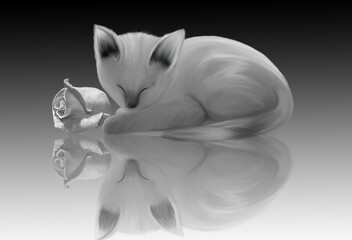 An adorable kitten sleeping.  I removed background and added gradient, reflection, and a rose.