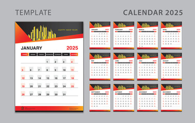 Wall calendar 2025 template red Gradient background, Desk calendar 2025 design, planner, Calenar design vertical page, Set of 12 Months, Week starts Sunday, Yearly organizer, Stationery. vector eps 10