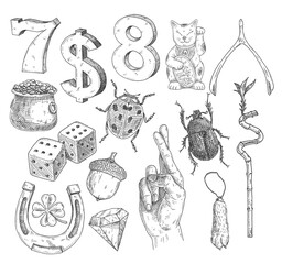 Set lucky symbols. Vintage hatching monochrome black illustration. Isolated on white