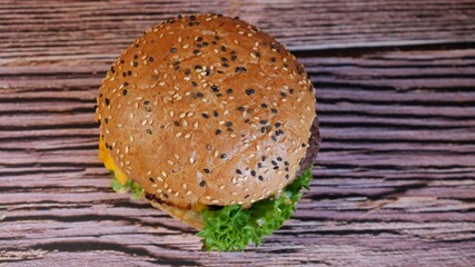 Juicy burger photographed from above