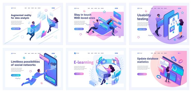 Collection of landing pages. Men and women use modern technologies, virtual reality, instant messengers, and online training. Isometric characters