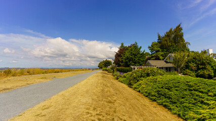 Dry grass by footpath at Crescent Beach, Surrey, BC during unusual summer drought