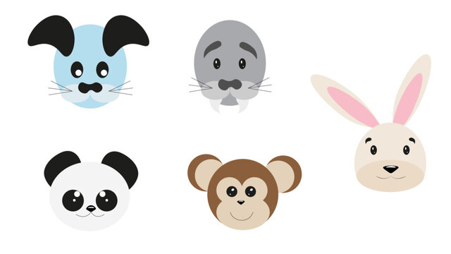 Cartoon cute animals for baby cards. Vector illustration. Monkey, dog, bunny Hare, bear panda, 
walrus. Baby Animal Faces Set.