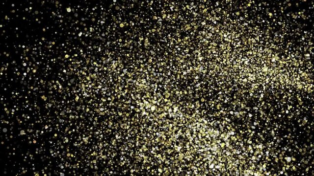 Gold stars dust particles abstract background with shining golden floor particle Animation. Futuristic glittering fly movement flickering loop in space on black background.