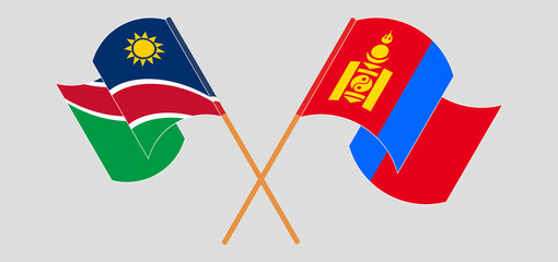 Crossed and waving flags of Namibia and Mongolia