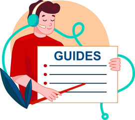 Vector Illustration In Cartoon Style On Call Center And Phone Support Concept. Online Help Guides Ideas. Stylized Male Character Wearing Headphones Holding Plate With Writing