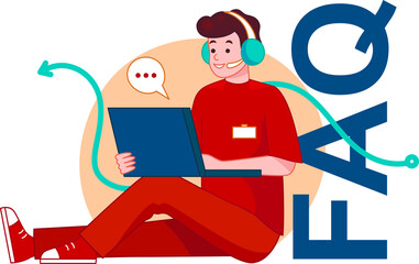 Vector Illustration In Cartoon Style On Call Center And Phone Support Concept. Online Help FAQ Ideas. Stylized Male Character Wearing Headphones Sitting Near Big Letters With Laptop