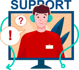 Vector Illustration In Cartoon Style On Call Center And Phone Support Concept. Online Help Ideas. Stylized Male Character Wearing Headphones Showing From Computer Screen Smiling