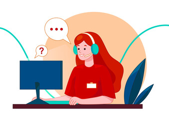 Vector Illustration In Cartoon Style On Call Center And Phone Support Concept. Online Help Ideas. Stylized Female Character Sitting At Desk. Desktop Computer, Headphones, Dialogue