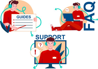 Vector Illustration In Cartoon Style On Call Center And Phone Support Concept. Online Help Ideas. Three Stylized Male Characters In Different Situations. FAQ, Support And Guides Ideas