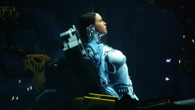 The robotic girl is awaiting scheduled repairs and system updates. The woman was created using 3D computer graphics. 3D rendering. The animation is perfect for fiction, cyber and sci-fi backgrounds.