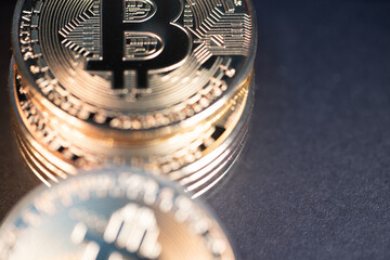 Stacked up Bitcoin coins, gains in Crypto trading. Concept Cryptocurrency