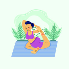 Cartoon style white woman doing yoga on the mat