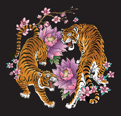 Fighting Asian Tattoo Tigers with floral elements. - 450409774