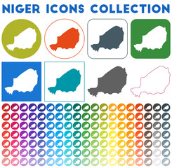 Niger icons collection. Bright colourful trendy map icons. Modern Niger badge with country map. Vector illustration.