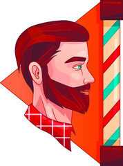 Vector Illustration On White Background. Barbershop Concept. Male Head Profile. Man With Pretty Haircut And Beard Wearing Plaid Shirt. Barber Pole And Flag