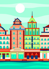 Vector Illustration Of European Houses. Colorful Street With Four Different Houses With Many Elements. Windows, Doors, Shops, Balconies, Spires. Beautiful Cityscape And River