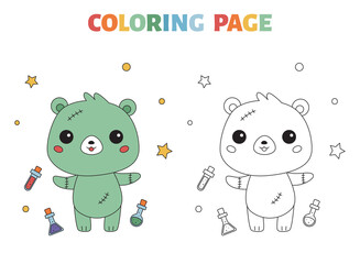 Halloween coloring page for preschool kids. Cute kawaii animal. Funny bear zombie with potions. Vector illustration for coloring book.