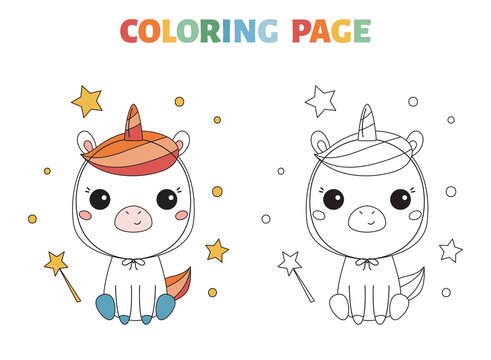 Halloween coloring page for children book. Cute pony in unicorn costume. Kawaii cartoon animals. Educational game for preschoolers. Vector illustration.