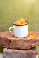 Ripe orange apricots lie in a metal white mug, which stands on red bricks against a green wall. Harvest in the village. Vertical. Copy Space