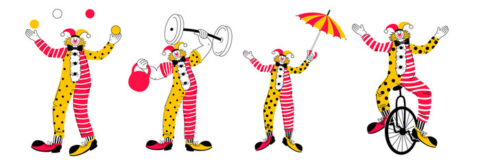 A set of cute clowns in yellow, red, black and white, drawn in doodles. A clown with weights, with an umbrella, on a bicycle and a clown jangles with balls. Stock vector illustration 