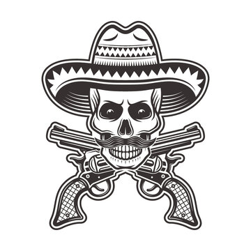 skull mexican bandit sombrero hat with mustache crossed guns illustration monochrome white background
