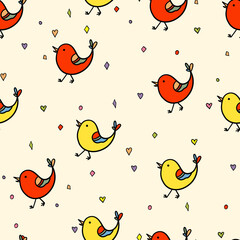 Seamless pattern with funny colorful birds. Color flat vector illustration with little cartoon bird. Cute characters. Template design for invitation, poster, card, flyer, textile, fabric for kids