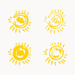 Set of painted yellow suns. Vector solar symbols set.