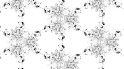 Ink kaleidoscopic effect of black particles on white background. Advection like ink effect.