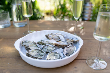 Close-up of fresh opened oysters and shells with lemon wedges, two glasses of white wine or champagne on an outdoor table