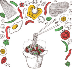Hand drawn vector illustration - Wok box sketch, ingredients for wok . Noodles in a carton box. Asian food.