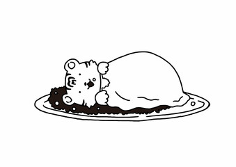 オムライスで寝る幸せそうな虎手描き風モノクロイラスト