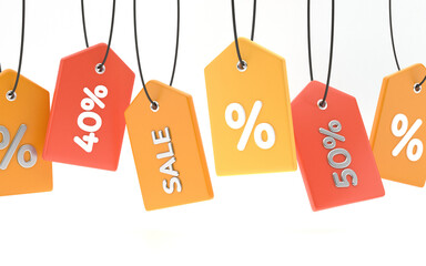 Obraz na płótnie Canvas Colorful sale tags, discount concept, 50 percent off, black Friday sale. Isolated on white background. Modern design, 3d rendering.