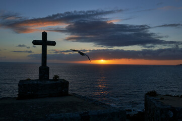 sunset from the ramparts with a seagull hovering around a stone cross
selective focus