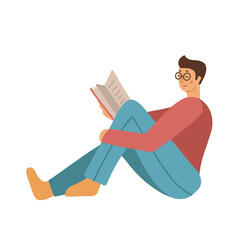 Teenage man in casual clothing and eyeglasses sitting at floor and reading book. Isolated flat vector illustration on white background. Education, library related design element