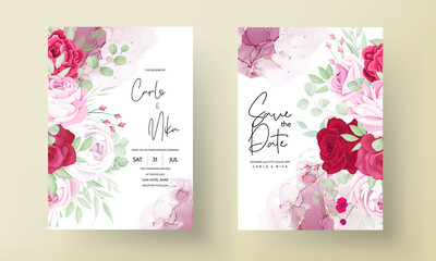 Romantic red and pink floral wedding invitation template with alcohol ink background