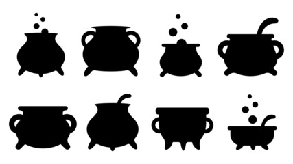 Set of black silhouettes of witch cauldrons with handles and magic potion. Collection of items for the holiday Halloween. Vector illustration.